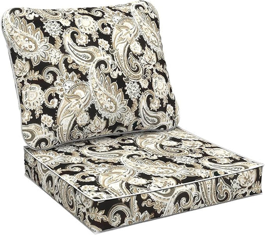 Outdoor Deep Seat Cushions Set 24 x 24 Inch for Patio Furniture,Water Resistant Chair Cushions Replacement Includes Seat Cushion & Back Pillow for Couch Sofa, Wicker Chair - Paisley Black