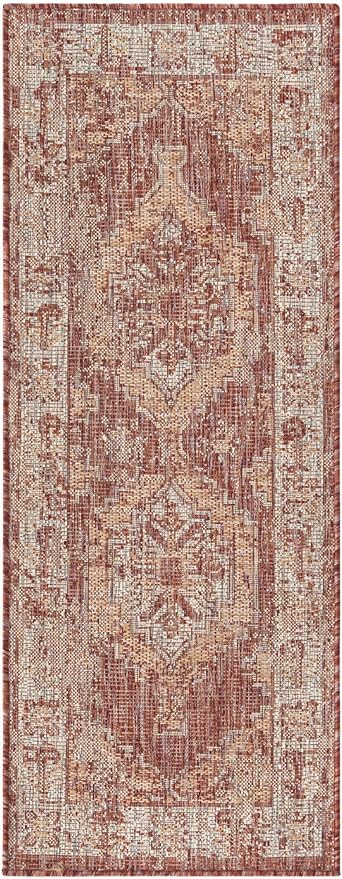 Unique Loom Outdoor Traditional Collection Area Rug - Valeria (2' x 5' Runner Rust Red/Ivory)