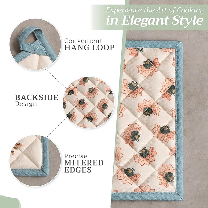 Maison d' Hermine 100% Cotton Oven Mitt & Pot Holder Set (7.5"x13" & 8"x8") Heat Resistant BBQ Cooking Gloves with Loop for Thanksgiving Christmas Decorations Handling Hot Pans (Dalida)