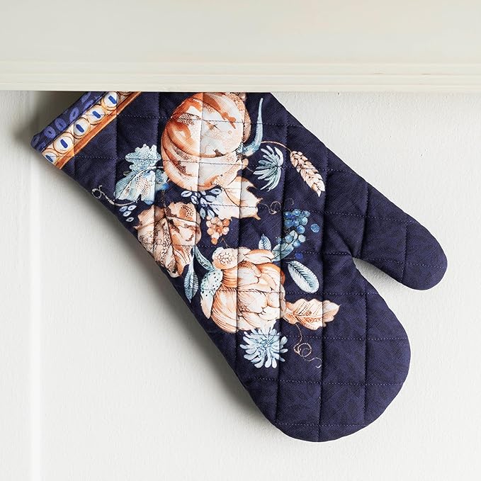 Maison d' Hermine 100% Cotton Oven Mitt & Pot Holder Set (7.5"x13" & 8"x8") Heat Resistant BBQ Cooking Gloves with Loop for Thanksgiving Christmas Decorations Handling Hot Pans (Pumpkin Blues)