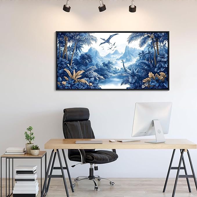 HKDGOKA Landscape Framed Wall Art - Vintage Dinosaur Era Forest Wall Pictures Black and White Canvas Paintings Artwork Ready to Hang Bedroom Living Room Kitchen Home Decor 20x40 IN