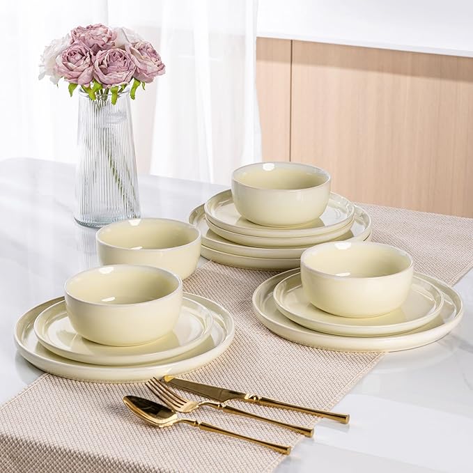 AmorArc Stoneware Dinnerware Sets for 4,Round Reactive Glaze Ceramic Plates and Bowls Set,Highly Scrath Resistant | Dishwasher & Microwave Safe Dishes Set,Service for 4 (12pc)