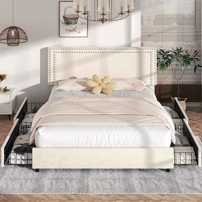 VECELO Queen Size Upholstered Bed Frame with 4 Storage Drawers, Adjustable Velvet Rivet Decor Headboard, Wooden Slats Platform Support, No Box Spring Needed, Easy Assembly