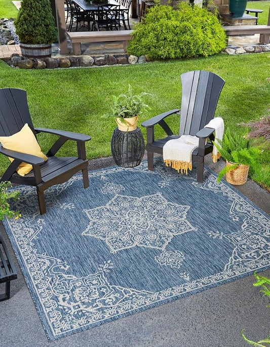 Unique Loom Outdoor Traditional Collection Area Rug - Antique (7' 10" Square Blue/Ivory)