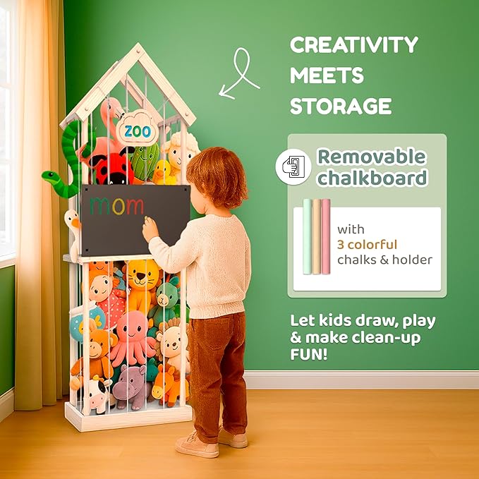 Extra Large Stuffed Animal Storage Zoo – Wooden Vertical Plush Toy Organizer & Storage with Built-in Chalkboard, 3 Chalks & Holder, Tool-Free Assembly, Anti-Tip Strap & Bumpers