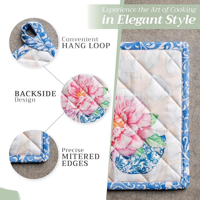 Maison d' Hermine Pot Holders 100% Cotton Heat Resistant Potholders 8" x 8" Hot Pads with Loop BBQ, Cooking, Baking, Grilling, Kitchen, Handling Hot Pans Spring/Summer (Pack of 1, Canton)