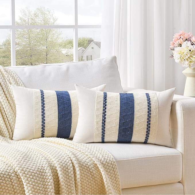 Fancy Homi Set of 2 Dusty Blue Vintage Long Lumbar Decorative Throw Pillow Covers 12x24 Inch for Couch Bed Sofa Chair Bedroom, Rustic Retro Square Cushion Case, Modern Farmhouse Boho Room Decor