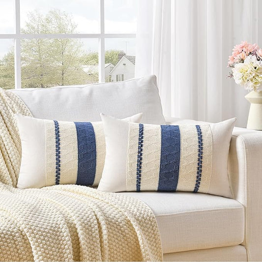 Fancy Homi Set of 2 Dusty Blue Vintage Lumbar Decorative Throw Pillow Covers 12x20 Inch for Couch Bed Sofa Chair Bedroom, Rustic Retro Square Cushion Case, Modern Farmhouse Boho Living Room Decor