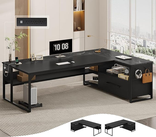 71" Executive Desk, Large Office Desk with Widen File Drawers & Power Outlets, Reversible L Shaped Computer Desk Corner Desk with Storage Shelves, CPU Stand, Hooks, Business Furniture (Black)