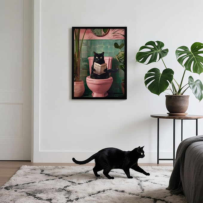 Framed Vintage Cat Canvas Wall Art, Funny Pink Animal Reading Books Painting Picture Print, Cute Kitten Lovers Aesthetic Wall Decor for Nursery Girls Room Bedroom Kids Room 16''L x 12''W