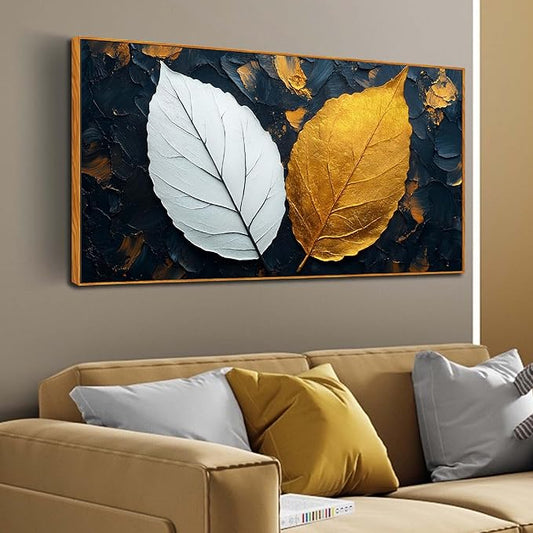 Leaves Wall Art for Living Room, Black White and Gold Canvas Wall Decor for Bedroom, Picture Print Artwork, Large Size 59 x 29 Inches Framed