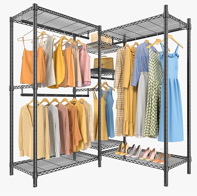 VIPEK L6 Heavy Duty Clothes Rack L Shape Clothing Rack 5-Tier Wire Garment Rack Freestanding Closet with 7 Adjustable Shelves & 4 Hanging Rods, 46.5" L x 46.5" W x 76.4" H, Max Load 850LBS, Black