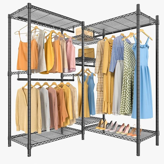 VIPEK L6 Heavy Duty Clothes Rack L Shape Clothing Rack 5-Tier Wire Garment Rack Freestanding Closet with 7 Adjustable Shelves & 4 Hanging Rods, 46.5" L x 46.5" W x 76.4" H, Max Load 850LBS, Black