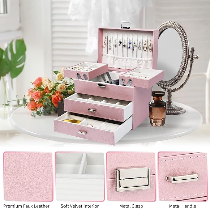 Dajasan Jewelry Boxes for Women Girls, Jewelry Storage Organizer, 4 Layers Large Jewelry Organizer Box with 2 Drawers for Friends, Wife or Mother Gift (Pink)