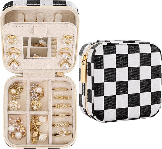 Checkered Travel Jewelry Case, Classic Retro Small Jewelry Box for Women Girl, Trendy Birthday Gradution Gift
