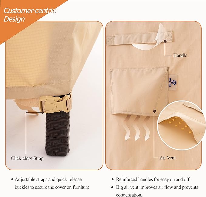 WJ-X3 3-Seater Patio Sofa Cover Waterproof, Heavy Duty Lawn Couch Cover UV Resistant, Porch Furniture Sets Cover Anti-Fading, High Wind Resistant, 93W x 42D x 42H Inches, Beige