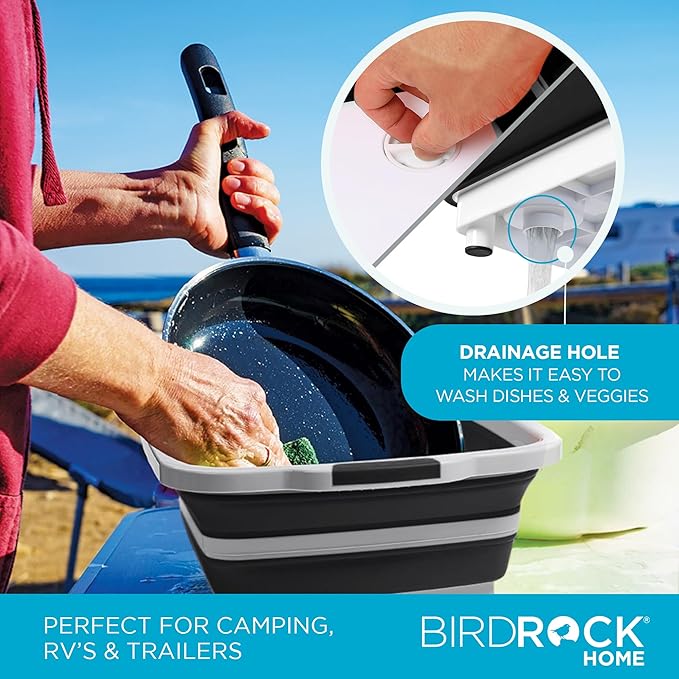 BIRDROCK HOME Collapsible Large BBQ Prep Tub w/Cutting Board, Multi-Function Grill Caddy w/Colander & Lid, Portable Silicone Dish Bowl for Picnic, Tailgate, Camping - Black