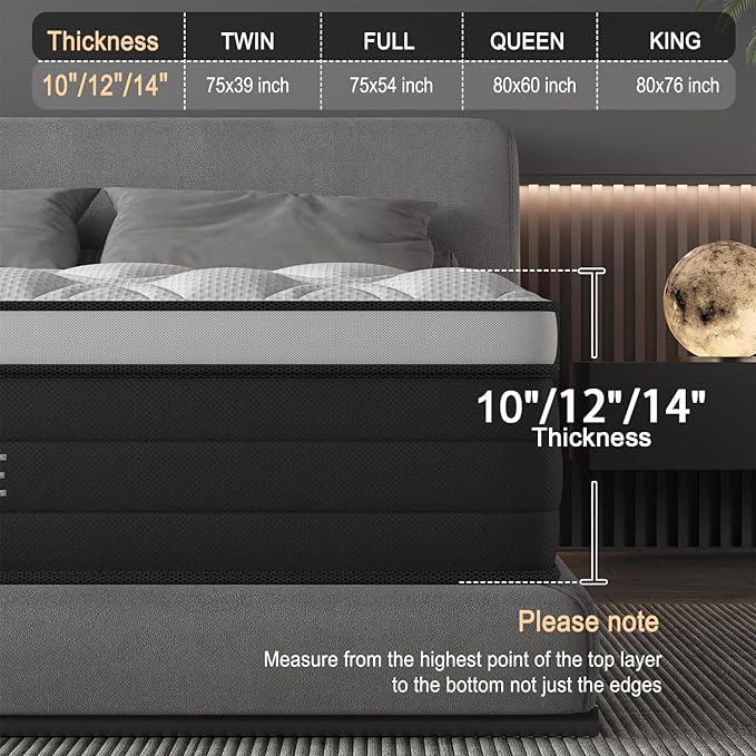 King Size Mattress, 14 Inch Hybrid Mattress in a Box with Individual Pocket Spring, Gel Memory Foam and Euro Top, Medium Firm Feel with Motion Isolation, Pressure Relief, Edge Support,Black