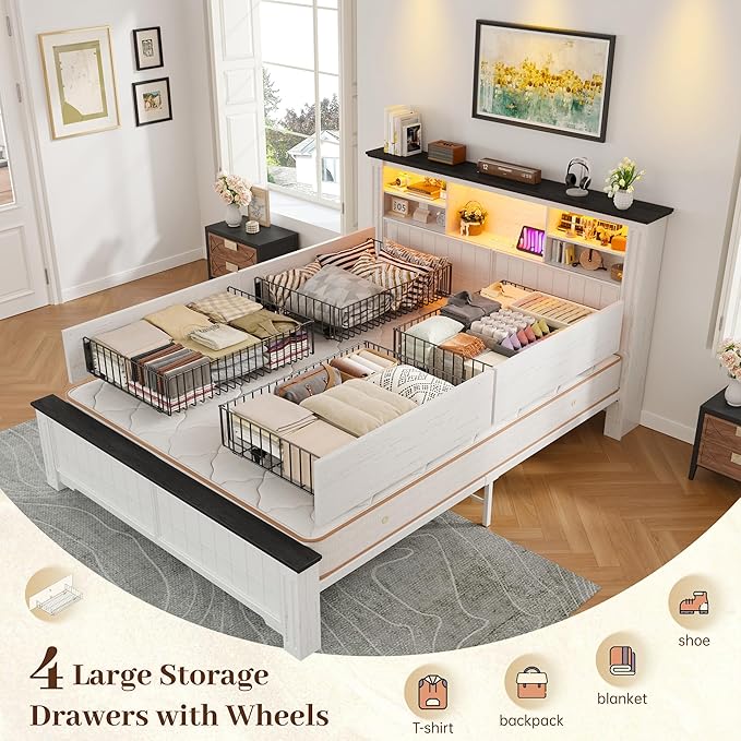 EnHomee Full Size Bed Frame with Headboard, Full Bed Frame with 4 Drawers Charging Port & LED, Farmhouse Bed Full Built in Charging Station,No Box Spring Needed,NO Noise,White with Grain Marks