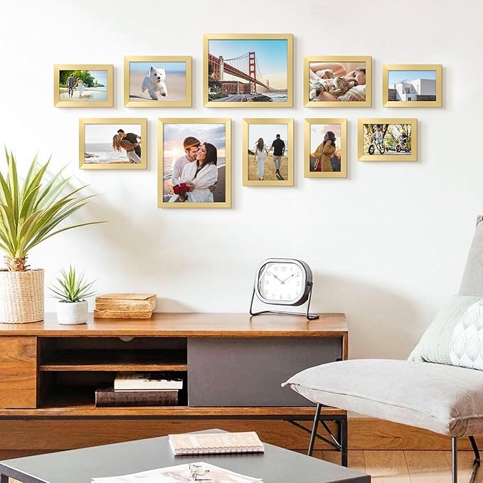 upsimples 10 Pack Picture Frames Collage Wall Decor for Mounting or Tabletop Display, Photo Gallery Frame Set for Family, Multi Sizes Including 8x10, 5x7, 4x6, Gold