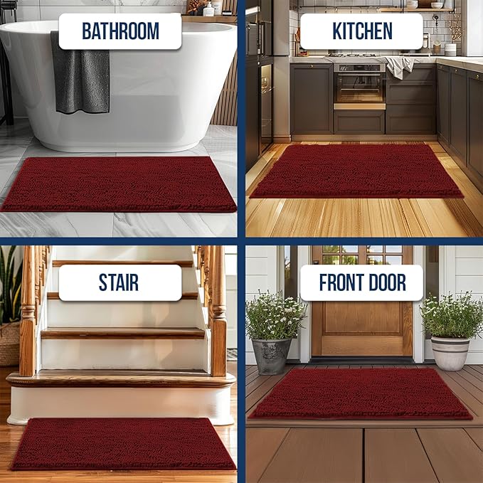Muddy Mat Chenille Bathroom Rugs Quick Dry Microfiber Mats Non Slip Washable, Extra Thick, Soft and Highly Absorbent Bath Mats for Bathroom, Kitchen, and Shower Floor - Red Small 28"X18"
