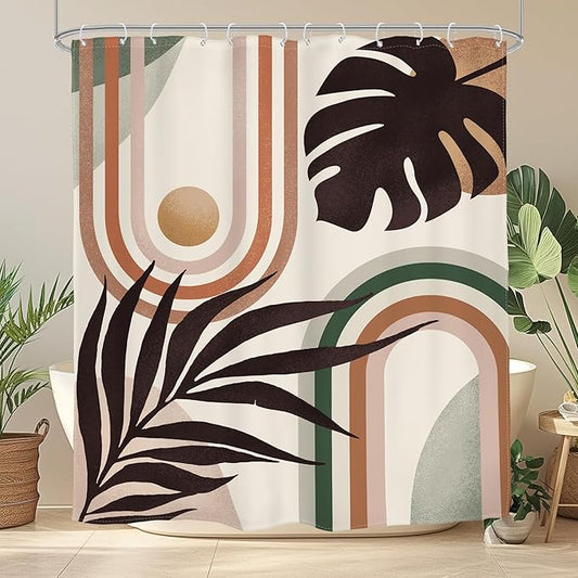 Glawry Boho Mid Century Shower Curtain Abstract Tropical Plant Minimalist Bohemian Botanical Palm Leaf Bathroom Modern Geometric 60Wx72L Inches Bath Accessories Art Home Decor Fabric 12 Pack Hooks…