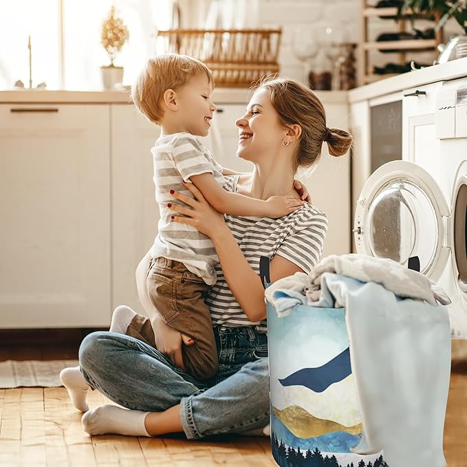 Mountains Moon Nature Scenery Laundry Basket,Waterproof Foldable Laundry Hamper,Dirty Clothes Laundry Basket, Linen Bin Storage Organizer for Toy Collection 16" x 20"