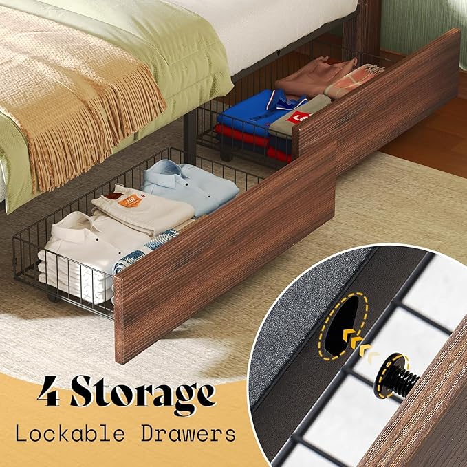 AMERLIFE Queen Size Farmhouse Bed Frame with 4 Drawers, Wooden Storage Bed Frame with Headboard and Heavy Duty Metal Slats, Noisy Free, Easy Assemble, Rusric Brown