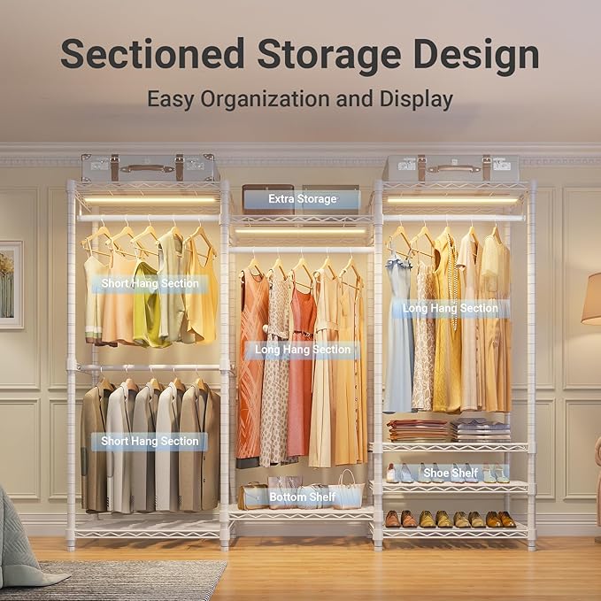VIPEK V5 White Clothes Rack & Dimmable LED Lights Bundle, 3000K Warm White, Portable Closet Rack Freestanding Wardrobe Closet Heavy Duty Clothing Rack, 68.9" L x 15.7" W x 76.4" H