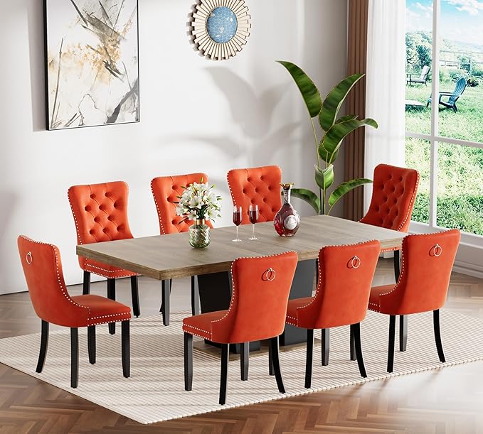 Goujxcy 9-Piece Extendable Dining Table Set for 6-8 People 63-78 Inch Kitchen Table Set with 8 Velvet Upholstered Chairs Farmhouse Rectangular Dining Room Table Set for Kitchen Dining Room Apartment