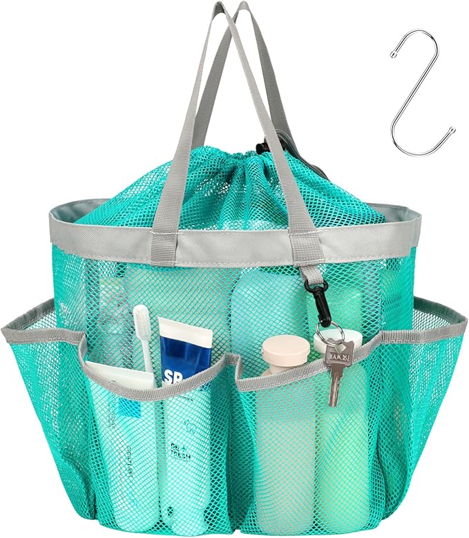 F-color Mesh Shower Caddy Portable with Drawstring - Upgrade Deeper 7 Pockets Dorm Room Essentials for Guys Girls with S Hook, Shower Bag Basket Tote for College Camping Toiletry Bathroom, Mint Green