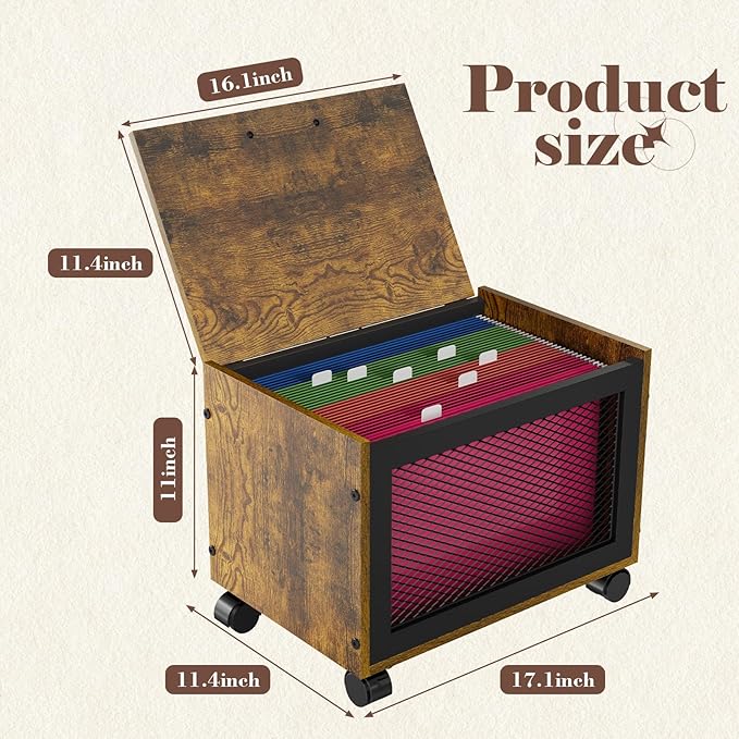 Rolling File Cabinet with Lid, Hanging File Organizer Box with Wheels for Home Office, Under Desk Small Filing Cabinet, Single Drawer Mobile Document Storage Basket for Letter and Legal Size