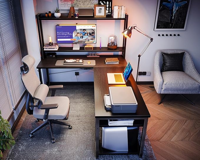 ODK 59 Inch L Shaped Gaming Desk with Hutch, Computer Desk with Storage Shelves, L Shaped Desk for Home Office, Corner Desk with Headphone Hook, Black