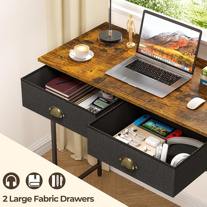 Small Writing Desk for Kids Bedroom, 31.5 Inch Computer Desk for Small Spaces, Simple Desk with 2 Fabric Drawers for Home Office, Dorm, Living Room, Home Study Table, Rustic Brown
