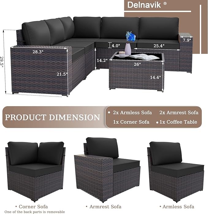 Kurapika 6 Pieces Patio Furniture Set, Rattan Outdoor Conversation Sets w/4 Inch Cushion and Glass Coffee Table(Black)