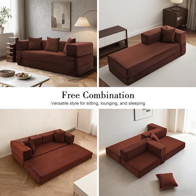 Sectional Boneless Couch Convertible Sofa Bed, 78'' Modular Sectional Sleeper Sofa with Removable Armrests & 3 Pillows, Small Floor Couch No Assembly Needed for Living Room, Office, Bedroom, Orange