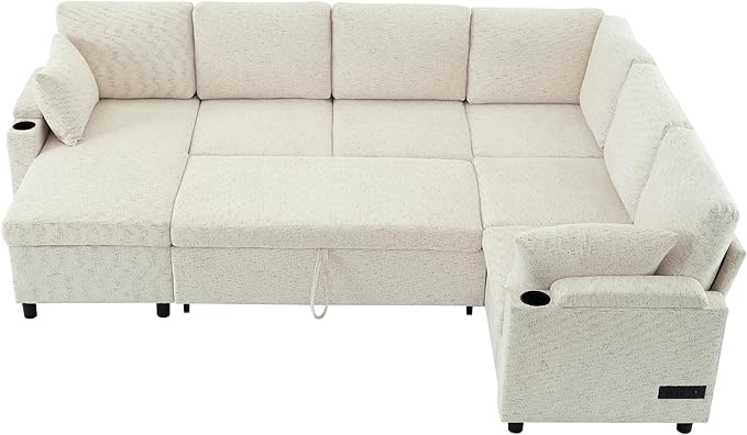 Ball & Cast 109.9" Sectional Sofa with Pull Out Bed, Chenille Upholstered Sleeper Sofa bed with Storage Chaise, Convertible U Shaped Couch with Two Cup Holders and Charging Ports for Living Room,Beige