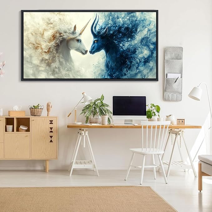 HKDGOKA Large Framed Wall Art, Blue and White Gradient Abstract Animals Paintings Light Dark Style Opposition Artwork Canvas Prints Pictures for Bedroom Living Room Kitchen Home Decor 24x48 IN