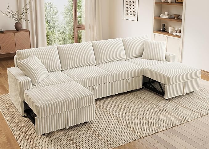 HONBAY Modular Sectional Sofa, L Shaped U Shaped Pull Out Couch with Storage, Velvet White
