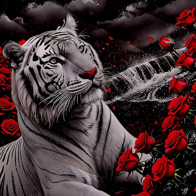 Kids Tiger Comforter Set Queen Size, White Tiger Wild Animal 3 Pcs Bedding for Kids and Adults Beautiful 3D Red Rose Flower and Tiger Print Soft Comforter Set for Bedroom Bed Decor