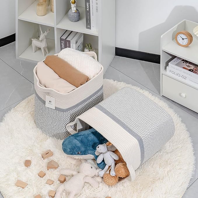 Storage Baskets for Clothes Fabric Cotton Rope Storage Basket with Handles, Decorative Woven Basket for Living Room,Closet Organizer Blankets, and 2bags (White/Gray, L16×W11.4×H15.9)