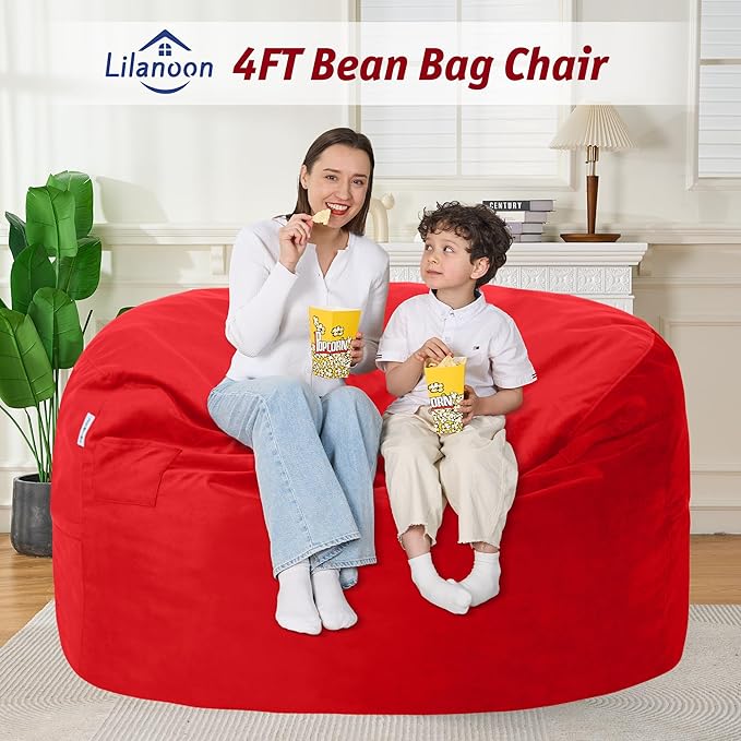 4FT Bean Bag Chair with Ultra Soft Velvet Cover Bean Bag Sofa with Memory Foam Bean Bag Chairs with Large Size Lazy Sofa for Dorm Office Living Room Bedroom Red 4'