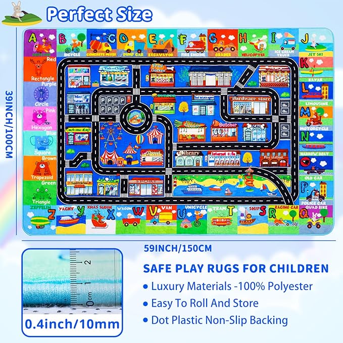 Kids Rugs for Toy Cars Playroom 59"×39.4" ABC Transportation Animals Play Mat Educational Mat Alphabet Area Rug Public Buildings Kids Playtime Collection Toddler Learning Carpet