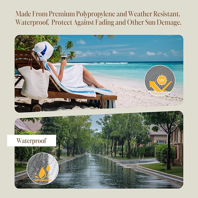 OMERAI Reversible Waterproof Outdoor Rug for Backyard,Plastic Textured Resistant Outdoors Rugs,Portable Washable Easy Cleaning Foldable Camping Beach Carpet for Patio Courtyard, 6'x9' Gray & White