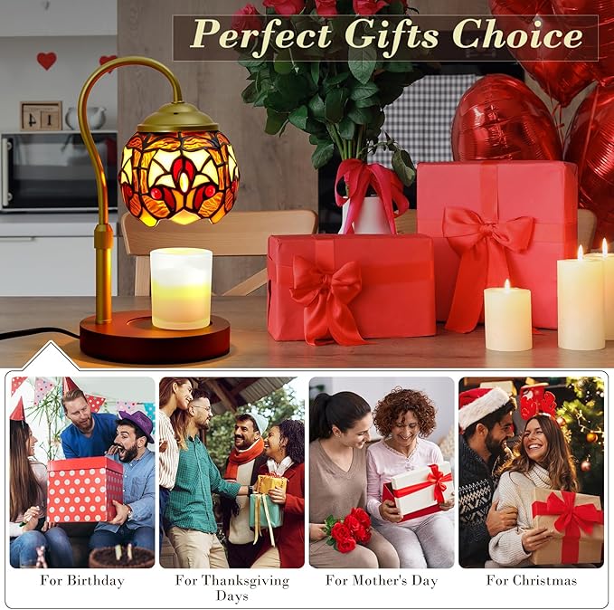 Candle Warmer Lamp with Timer Dimmer, Adjustable Height Candle Warmer for Jar Candles, Birthday Gifts for Women New Home Bedroom Decor Tiffany Baroque Style Stained Glass with 2 Bulbs