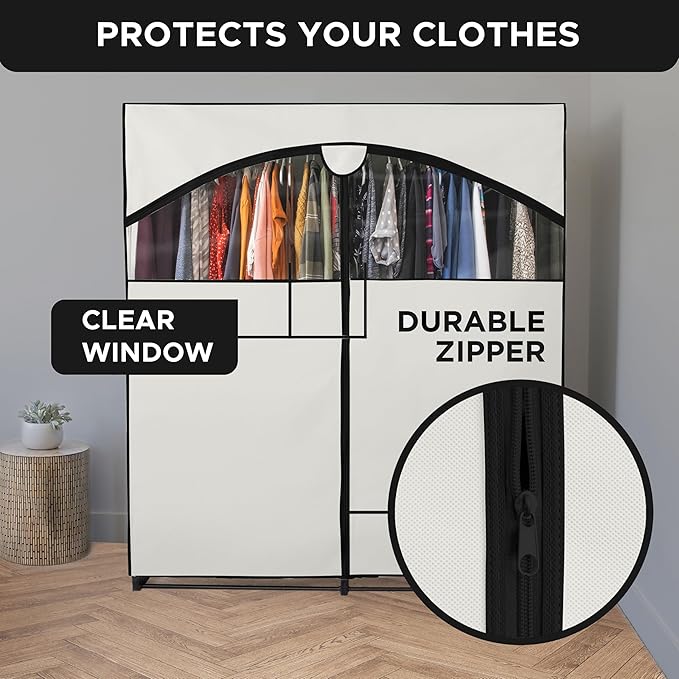 HOLDN’ STORAGE Portable Wardrobe Closet - 65 lb Large Capacity, Internal Heavy Duty Metal Rod, Zipper & Clear Window, Durable Clothes Organizer, Tool-Free Easy Assembly, White Canvas Cover