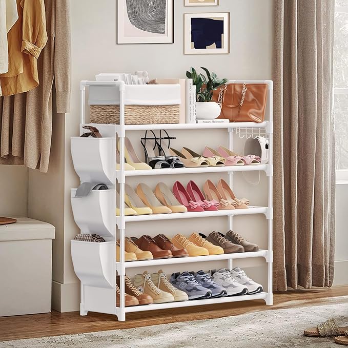 Shoe Rack for Closet Shoe Organizer Space Saver Storage for 20-25 Pair Shoe Shelf with Hook and Side Pocket Free Standing 5 Tier Shoe Rack Organizer for Entryway,Small Spaces, White