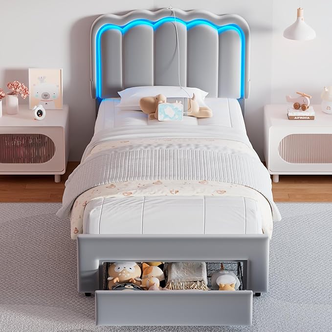 Twin Upholstered LED Bed Frame with Storage Drawer and Adjustable Chic Double Wavy Headboard, Velvet Princess Platform Bed for Girls/Kids, Solid Wood Slats Support, No Box Spring Needed, Grey