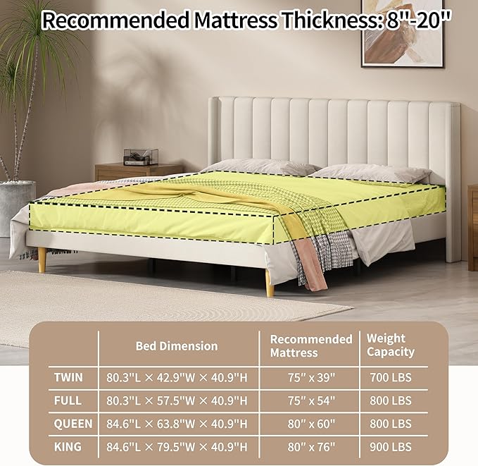 King Size Upholstered Platform Bed Frame with Modern Wingback & Vertical Panel Headboard, Linen Fabric, Wooden Legs & Slats Support, No Box Spring Needed, Noise-Free & Easy Assembly, Beige