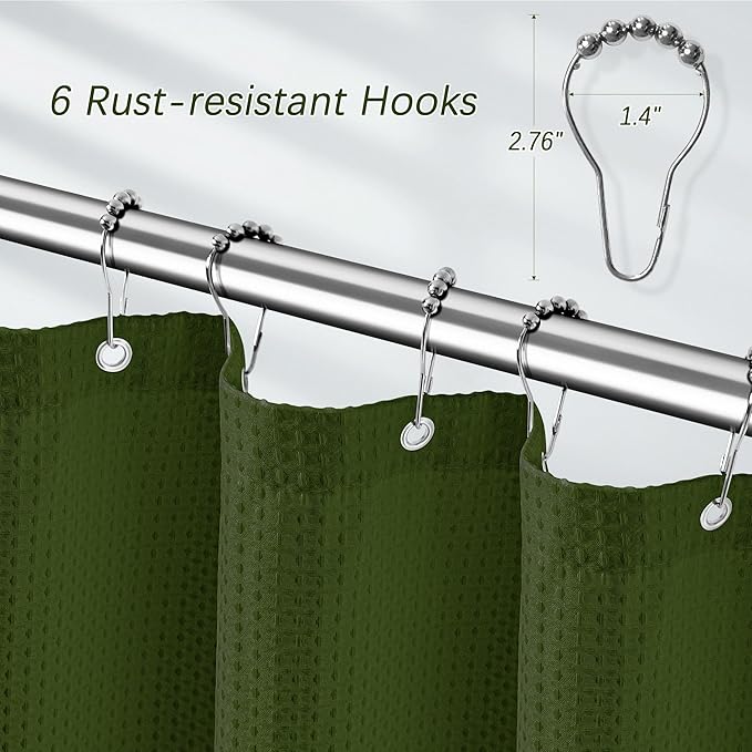 Green Stall Shower Curtain Waffle Weave Fabric, Luxury Waterproof Shower Curtains, 256GSM Heavy Duty Camper Shower Curtain for Travel Trailers with 6 Metal Hooks, 36Wx72H Bright Green